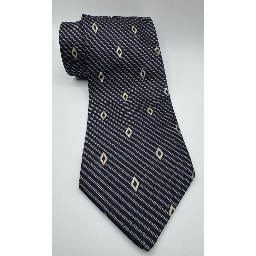 Saks Fifth Avenue Silk Tie Blue Gold Geometric Stripe Made in Italy Luxury Tie